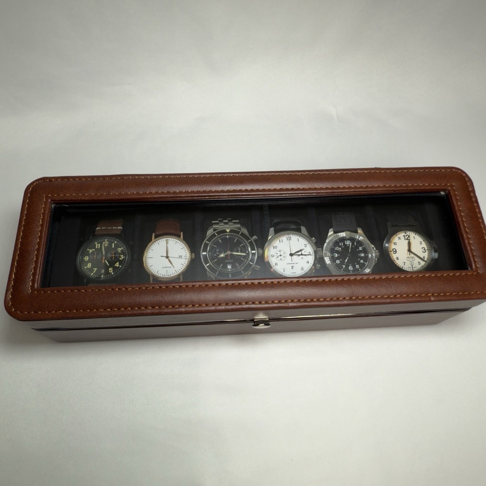 Woodbury 6 Pcs Brown Leather Watch Case Built In Polished Nickel Frame - Father
